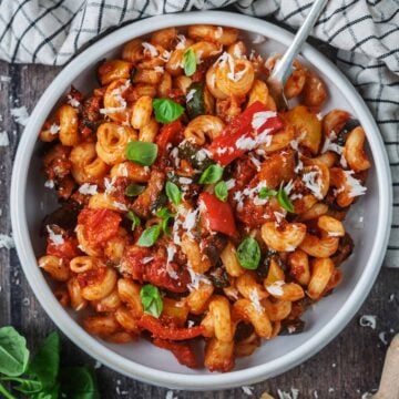 A bowl of roasted ratatouille pasta.