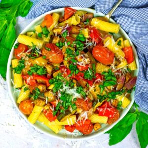 A large bowl of Roasted Ratatouille Pasta.