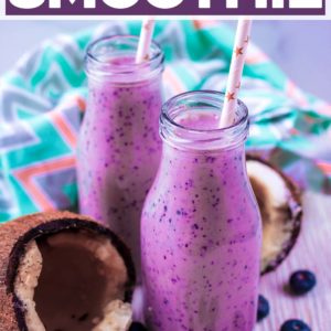 Two bottles of blueberry and coconut smoothie with a text title overlay.
