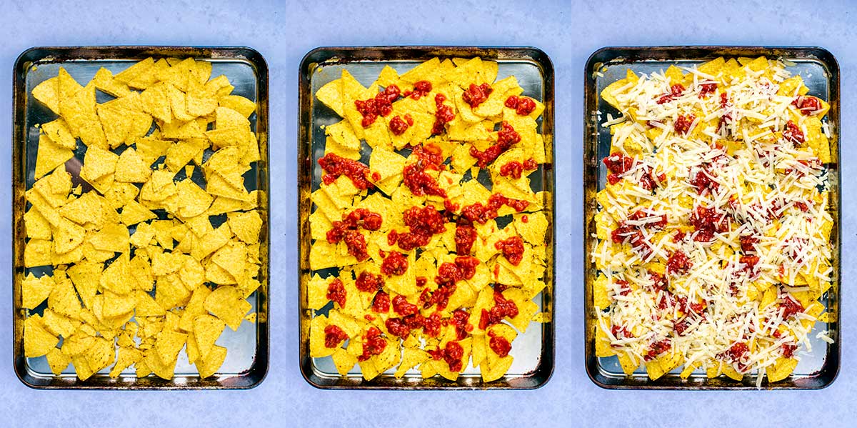 Three shot collage of tortilla chips on a baking tray, then with salsa then covered in cheese.