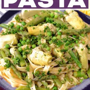 Spring pasta with a text title overlay.