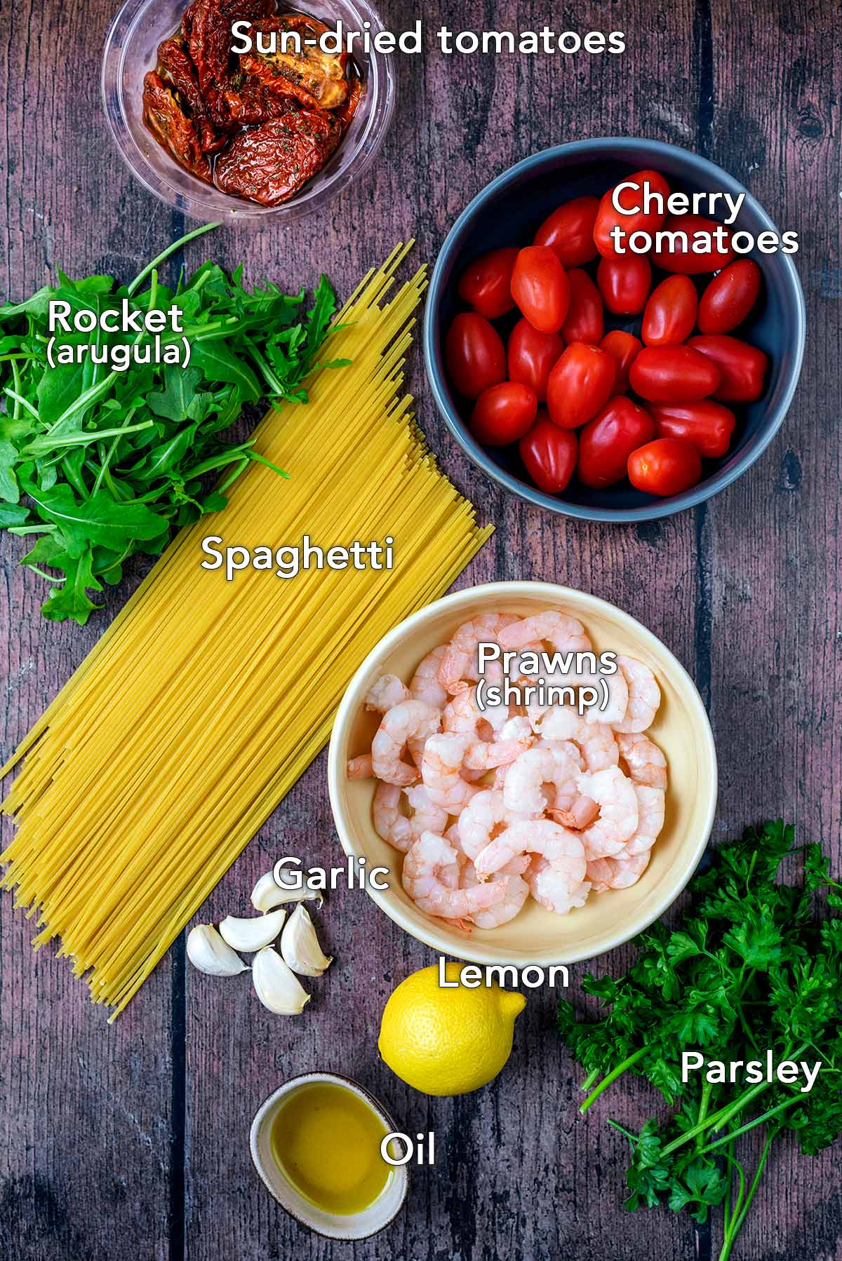 All the ingredients for this recipe with text overlay labels.