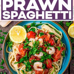 Garlic Prawn Spaghetti with a text title overlay.