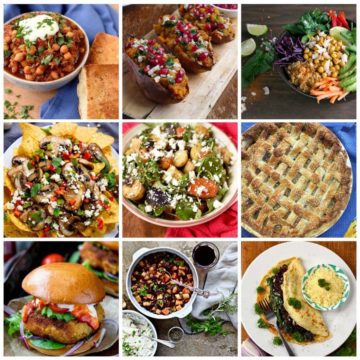 Nine photo collage of various vegetarian meals