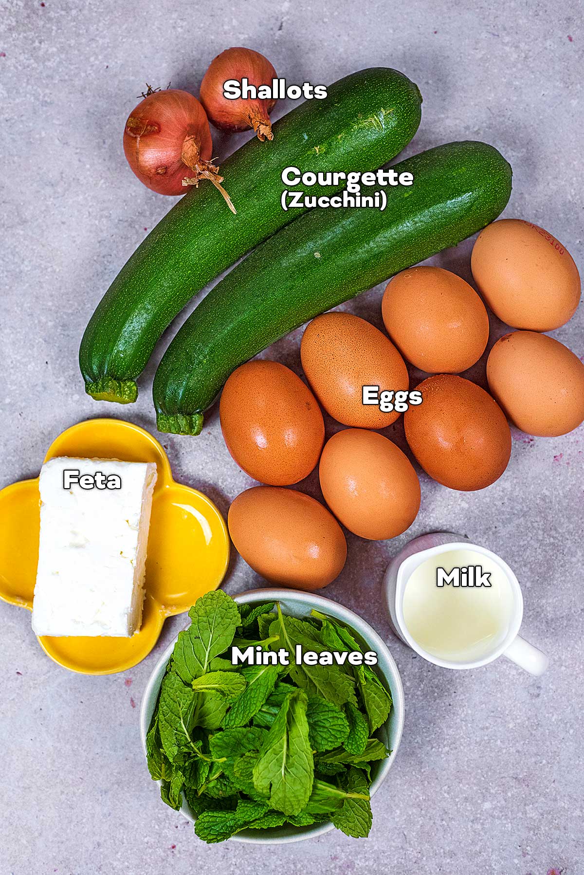 All the ingredients needed for this recipe laid out with text overlay labels.