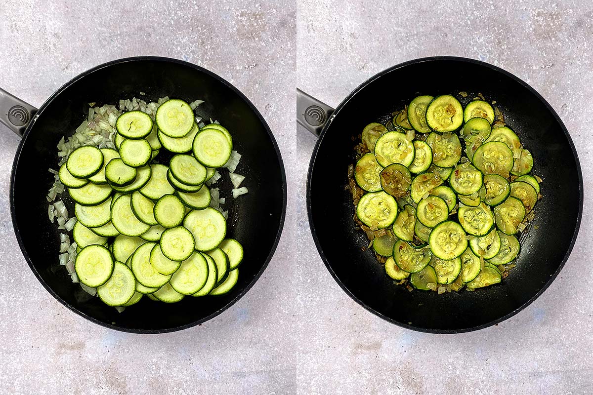 Two shot collage of chopped shallots and sliced courgette cooking in a pan.