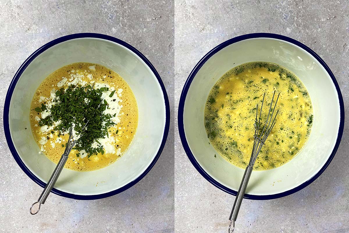 Two shot collage of a bowl of whisked eggs, crumbled feta and chopped mint, before and after mixing.