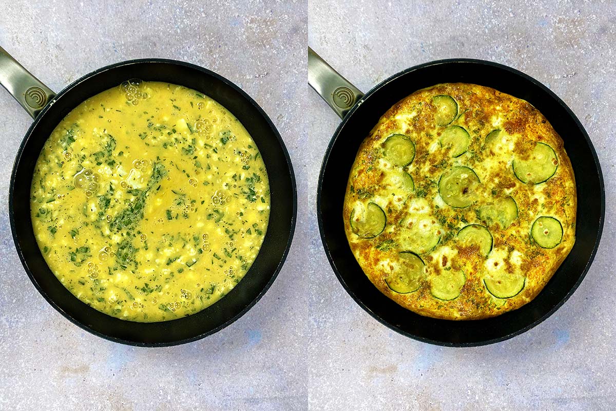 Two shot collage of an uncooked frittata and then cooked frittata.