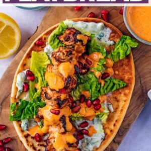 Moroccan chicken flatbread with a text title overlay.