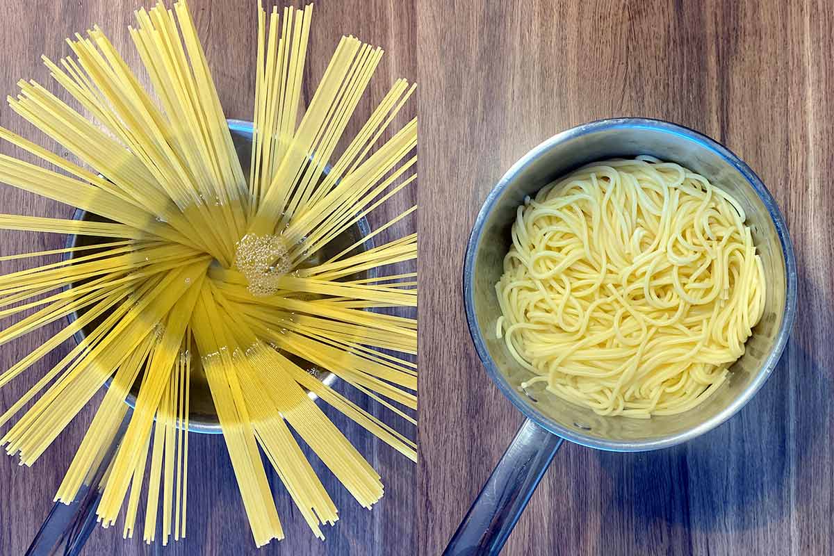 Two shot collage of spaghetti in a pan, before and after cooking.