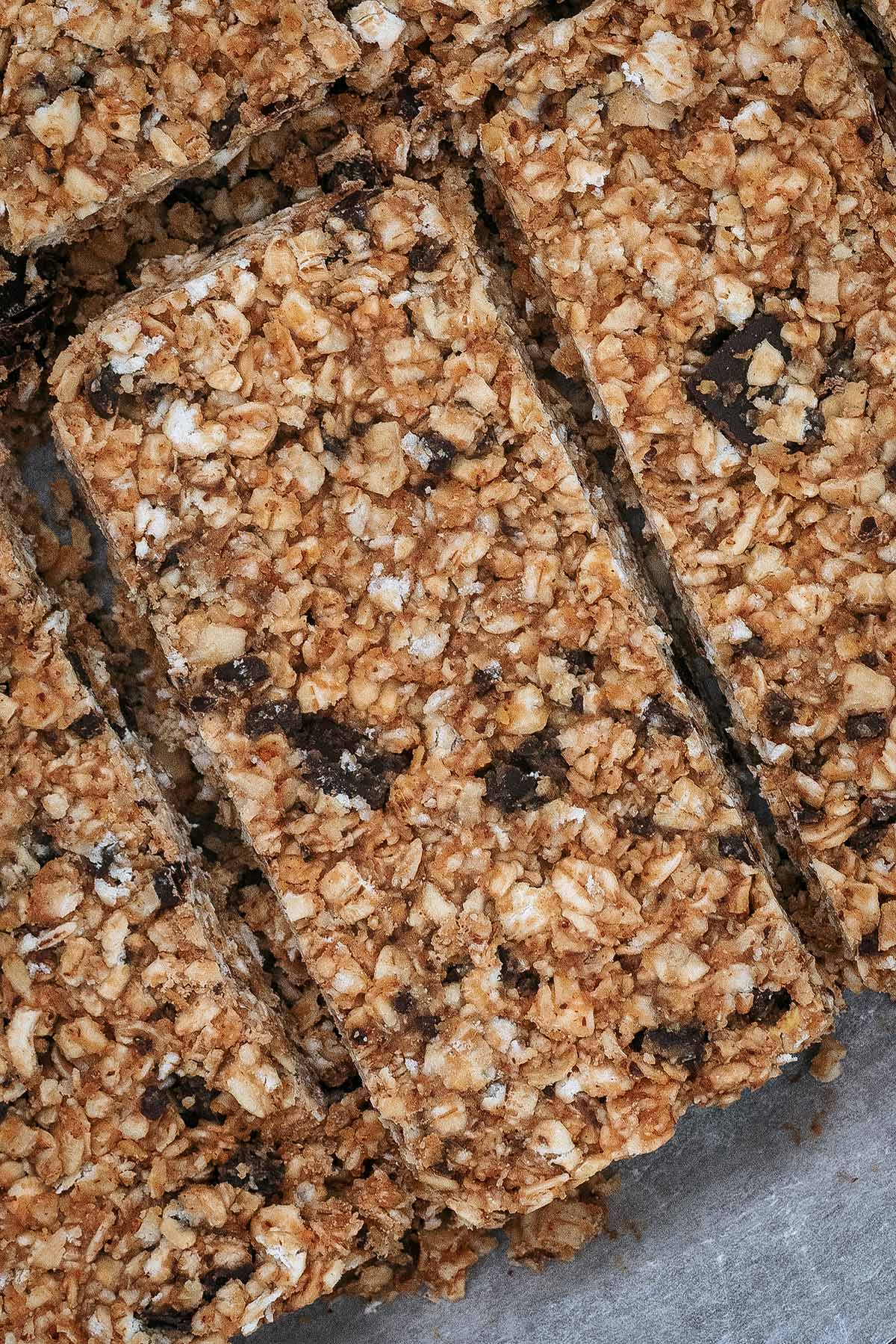 An oat bar containing chocolate chips.