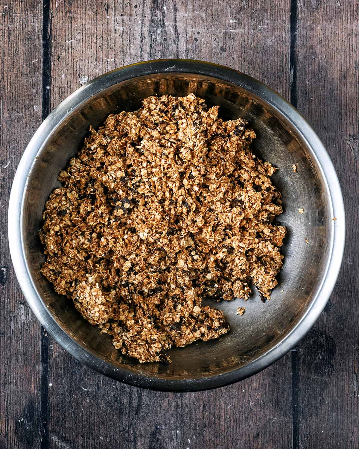 Everything mixed together to form a crumbly mixture.