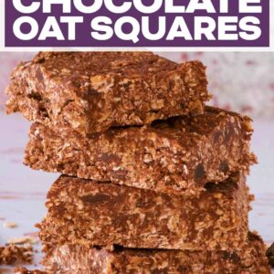 No bake chocolate oat squares with a text title overlay.