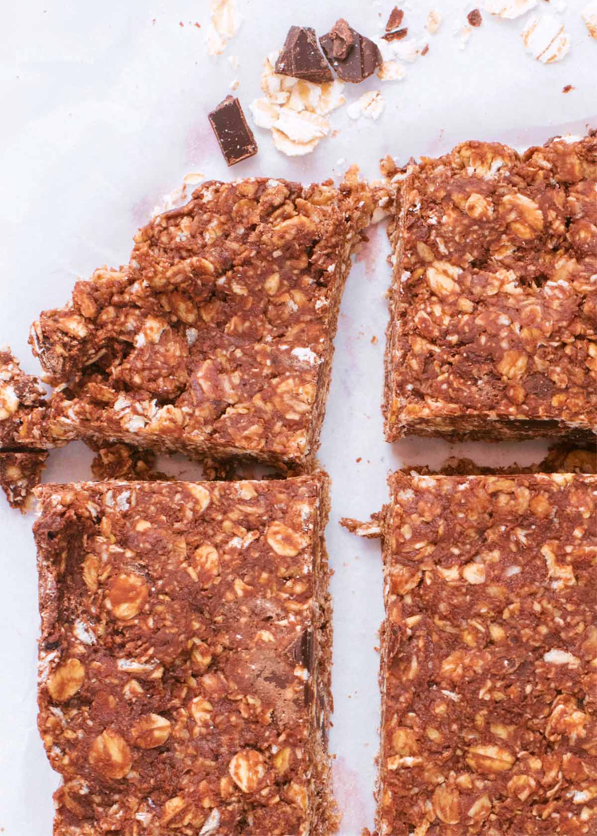 Chocolate oat squares cut into sections.