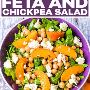 Feta and chickpea salad in a bowl with a text title overlay.