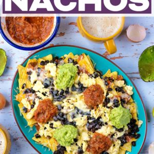 Breakfast nachos with a text title overlay.