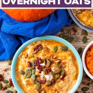 A bowl of pumpkin overnight oats with a text title overlay.