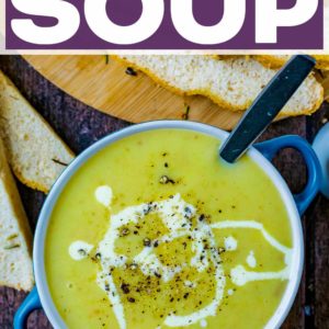 A bowl of leek and potato soup with a text title overlay.