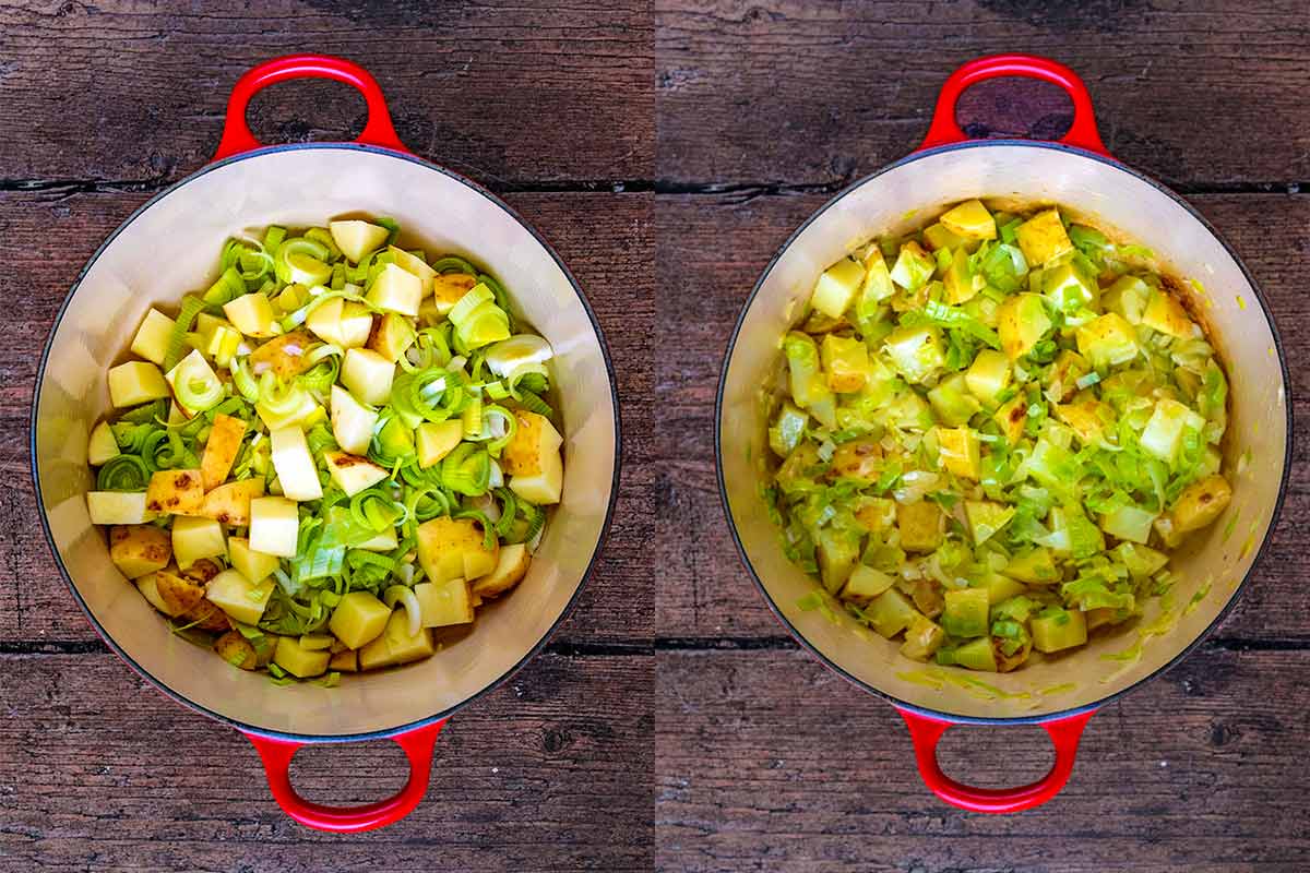 Two shot collage of sliced leeks and chopped potatoes in a pan, before and after cooking.