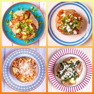 A collage for 10 Healthy Baked Potato Toppings showing four baked potatoes