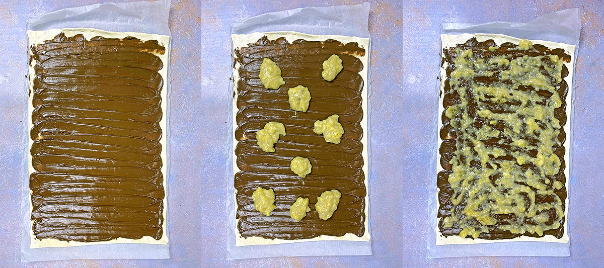 Three shot collage of a sheet of puff pastry with chocolate spread on it and then mashed banana.