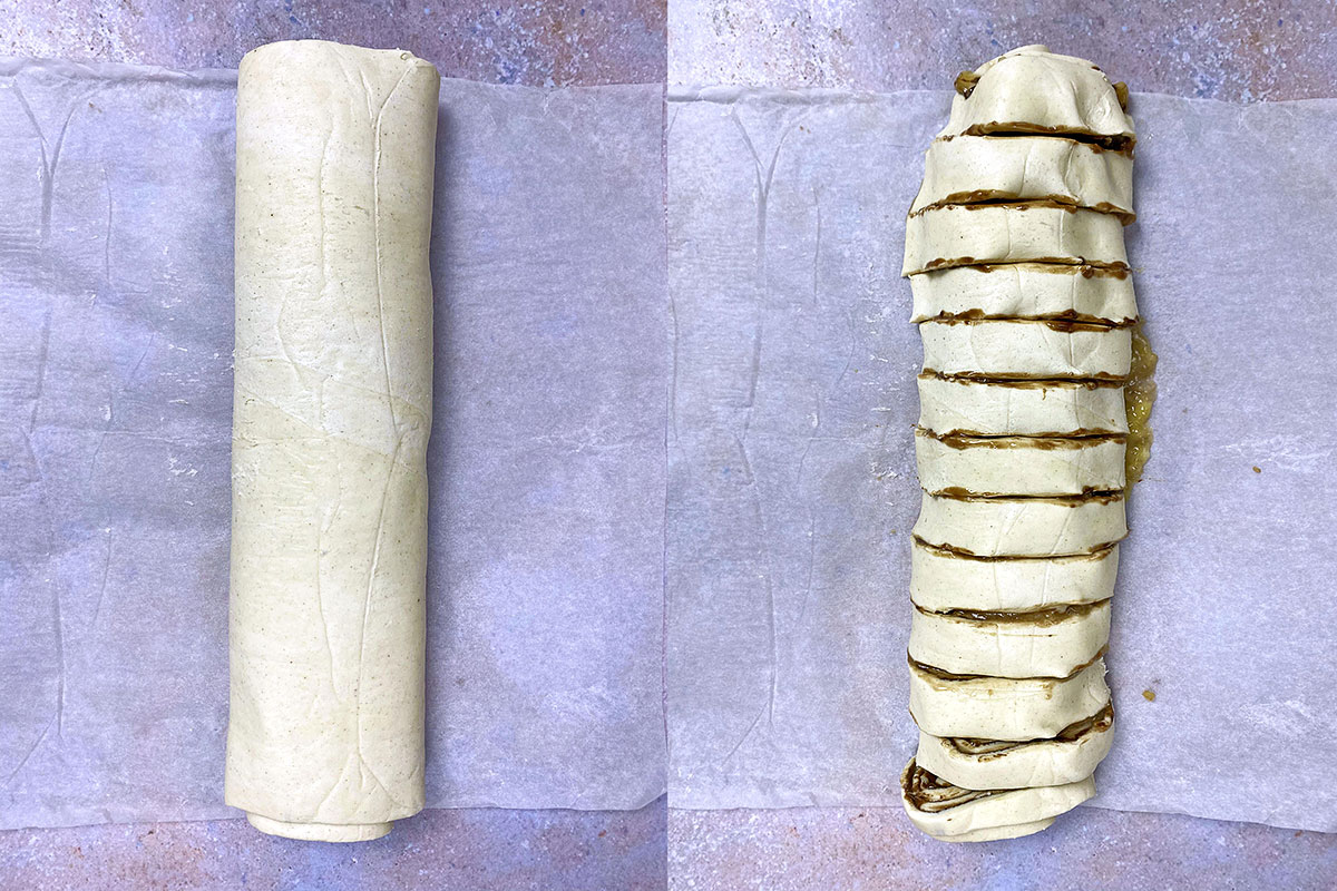 Two shot collage of the pastry rolled up and then sliced.
