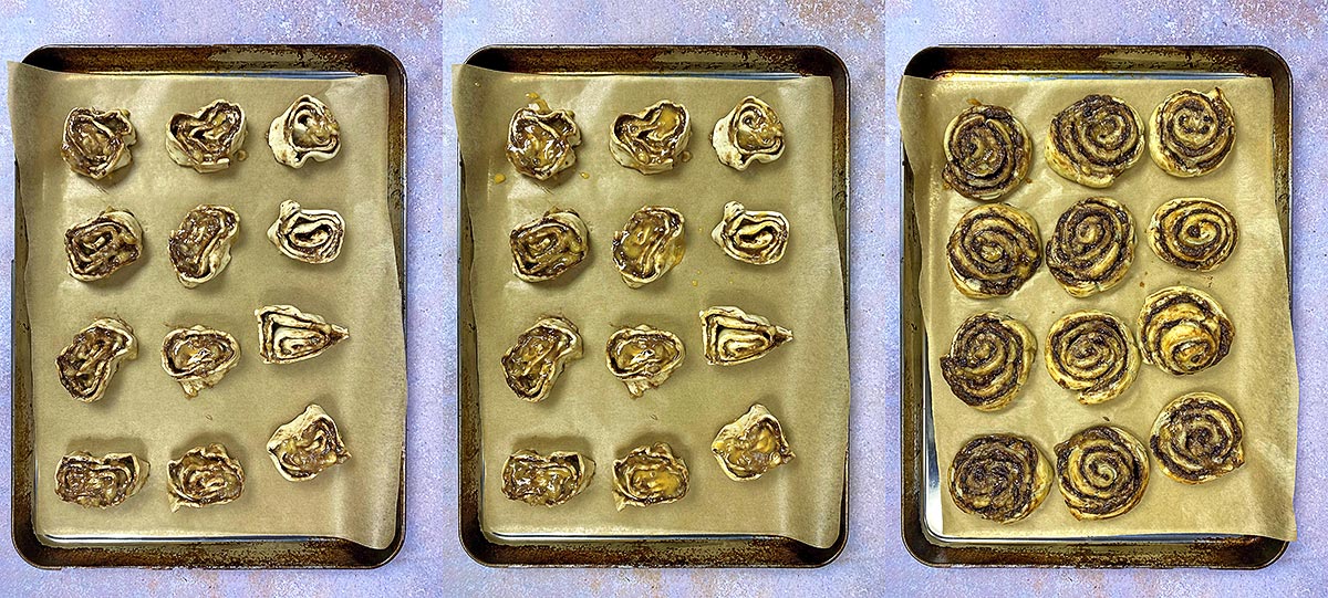 Three shot collage of uncooked pinwheels on a baking tray, then with egg wash on them, then cooked.