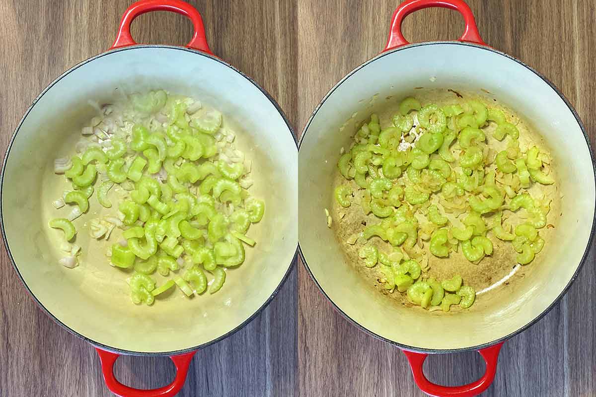 Two shot collage of celery and shallots in a pan, before and after cooking.