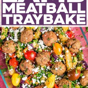Lamb meatball traybake with a text title overlay.