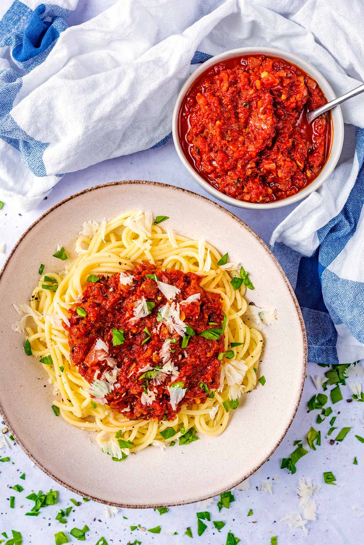 A plate of spaghetti and marinara sauce next to a small bowl of more marinara.