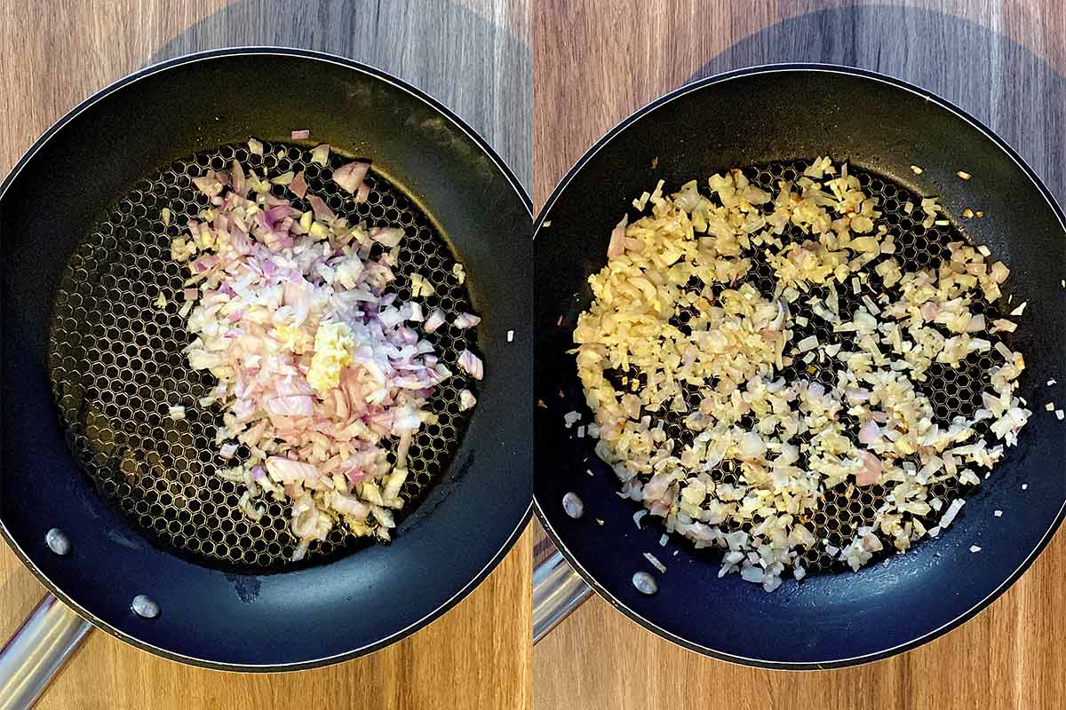 Two shot collage of chopped shallots and crushed garlic in a pan, before and after cooking.