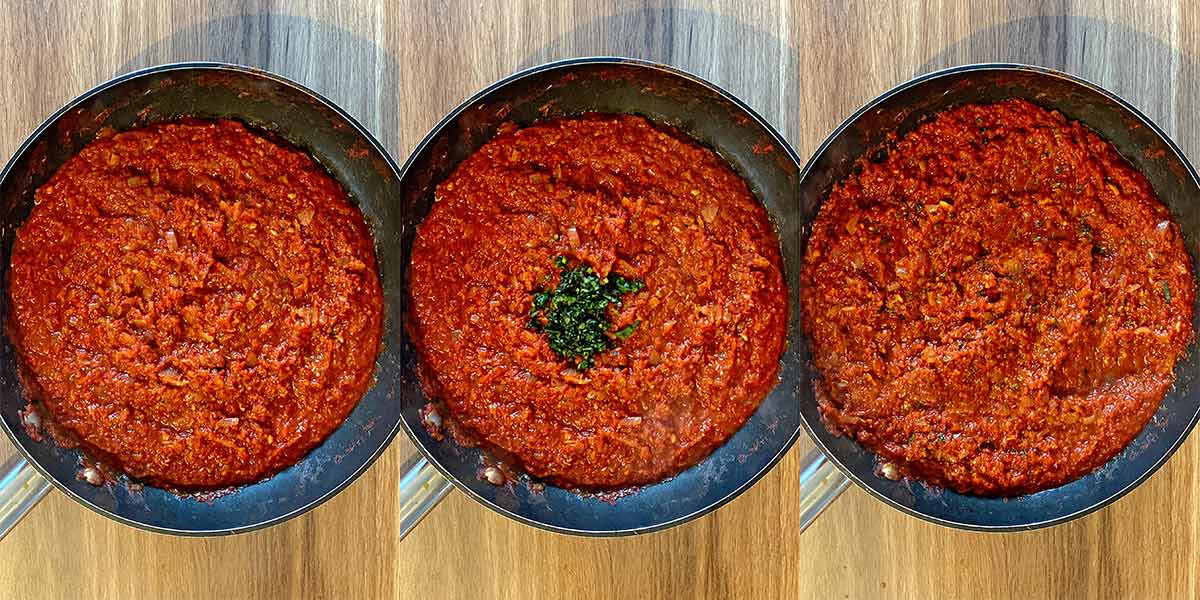 Three shot collage of cooked marinara, then with chopped basil, then mixed together.