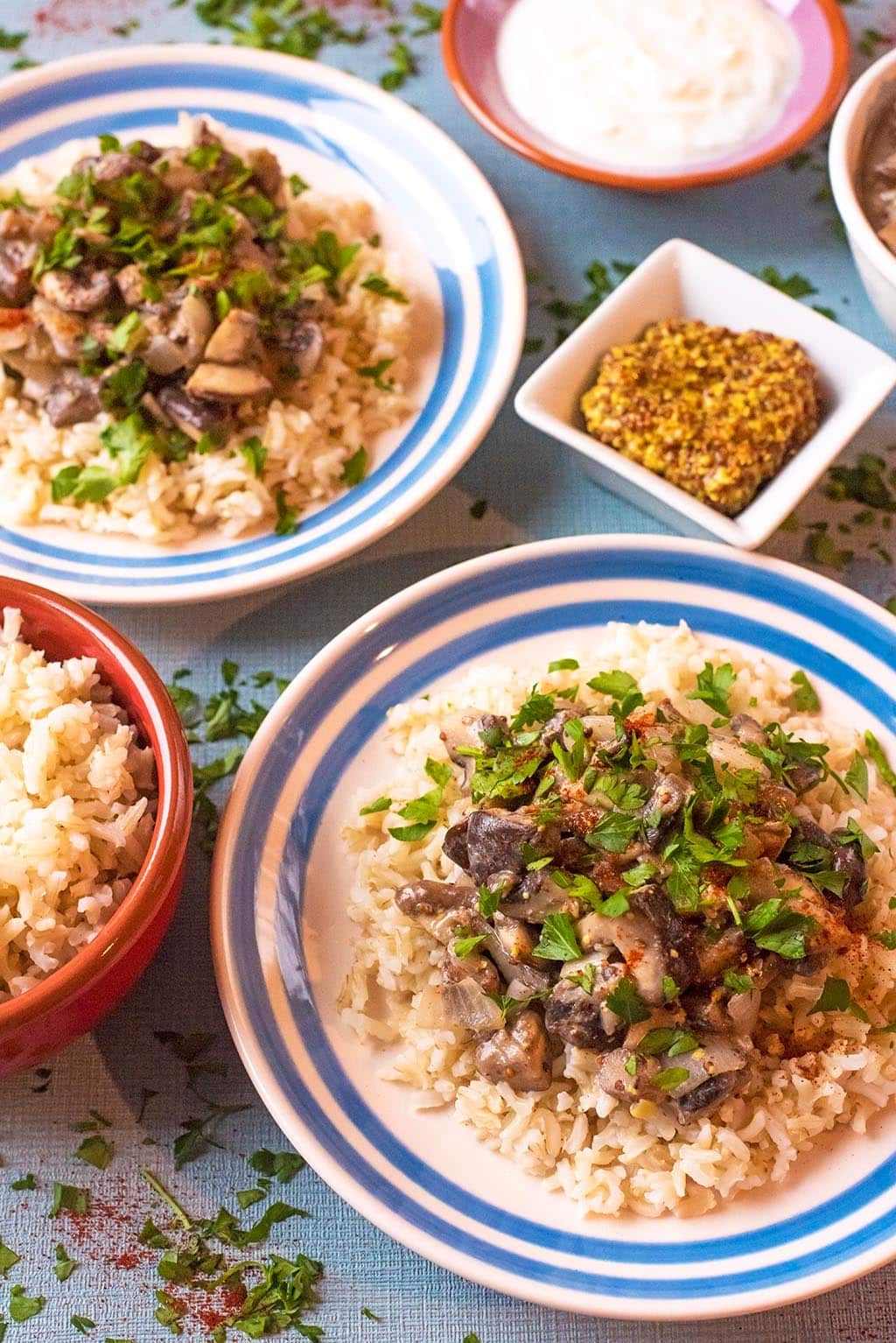 Mushroom Stroganoff served on two blue and white plates surrounded dishes of cream, mustard and rice.