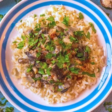 Mushroom Stroganoff on a blue and white plate with chopped parsley sprinkled on top