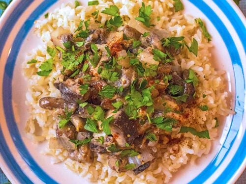 Mushroom Stroganoff on a blue and white plate with chopped parsley sprinkled on top