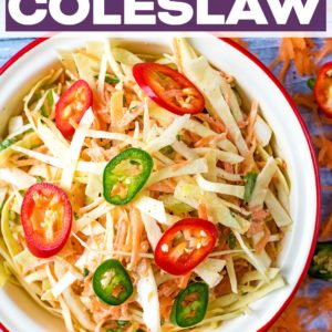 A bowl of Mexican Coleslaw with a text title overlay.