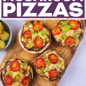 Portobello mushroom pizzas with text title overlay.