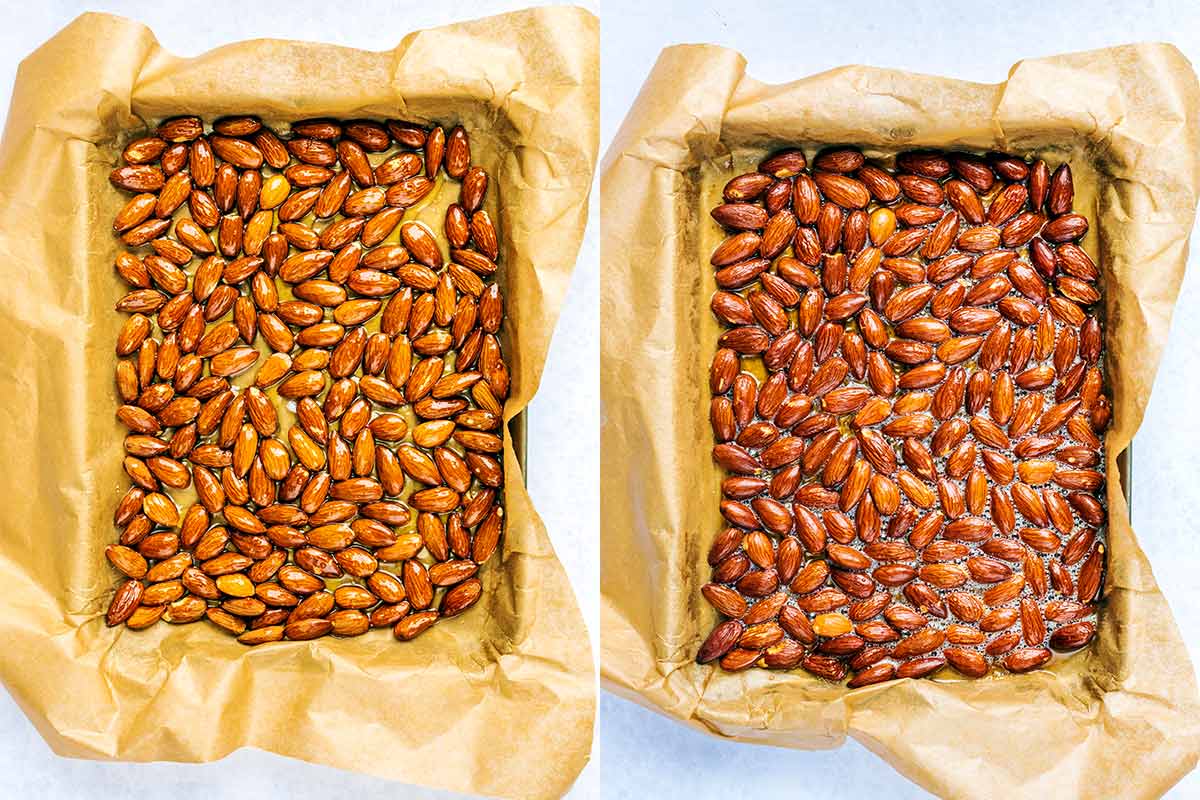 Two shot collage of almonds on a baking tray, before and after roasting.