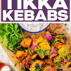 Chicken Tikka Kebabs with a text title overlay.