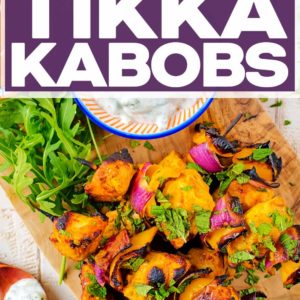 Chicken Tikka Kebabs with a text title overlay.
