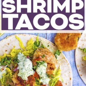 Crispy shrimp tacos with a text title overlay.