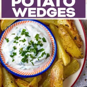 Garlic Potato Wedges with a text title overlay.