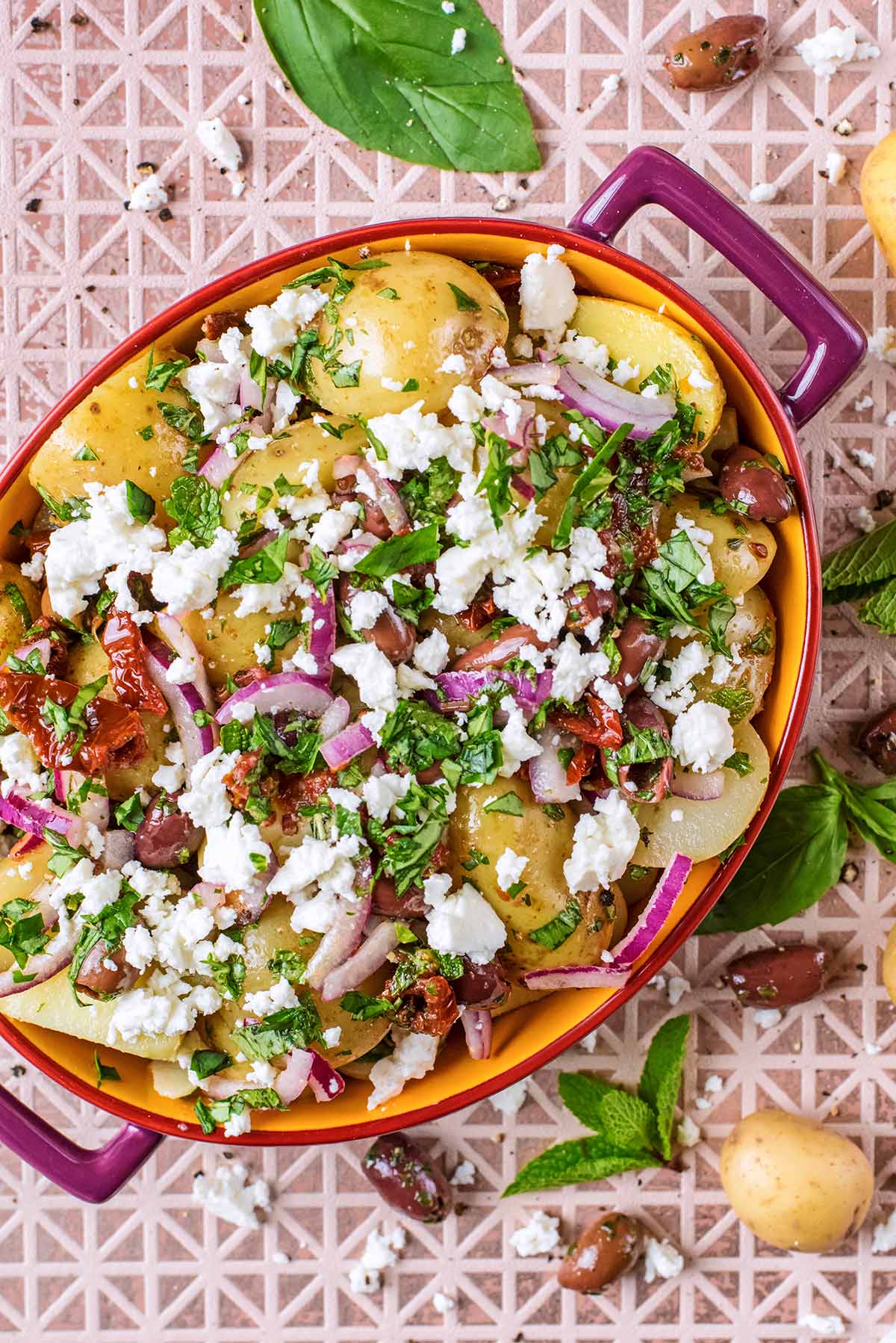 Mediterranean potato salad with feta, sun-dried tomatoes and olives