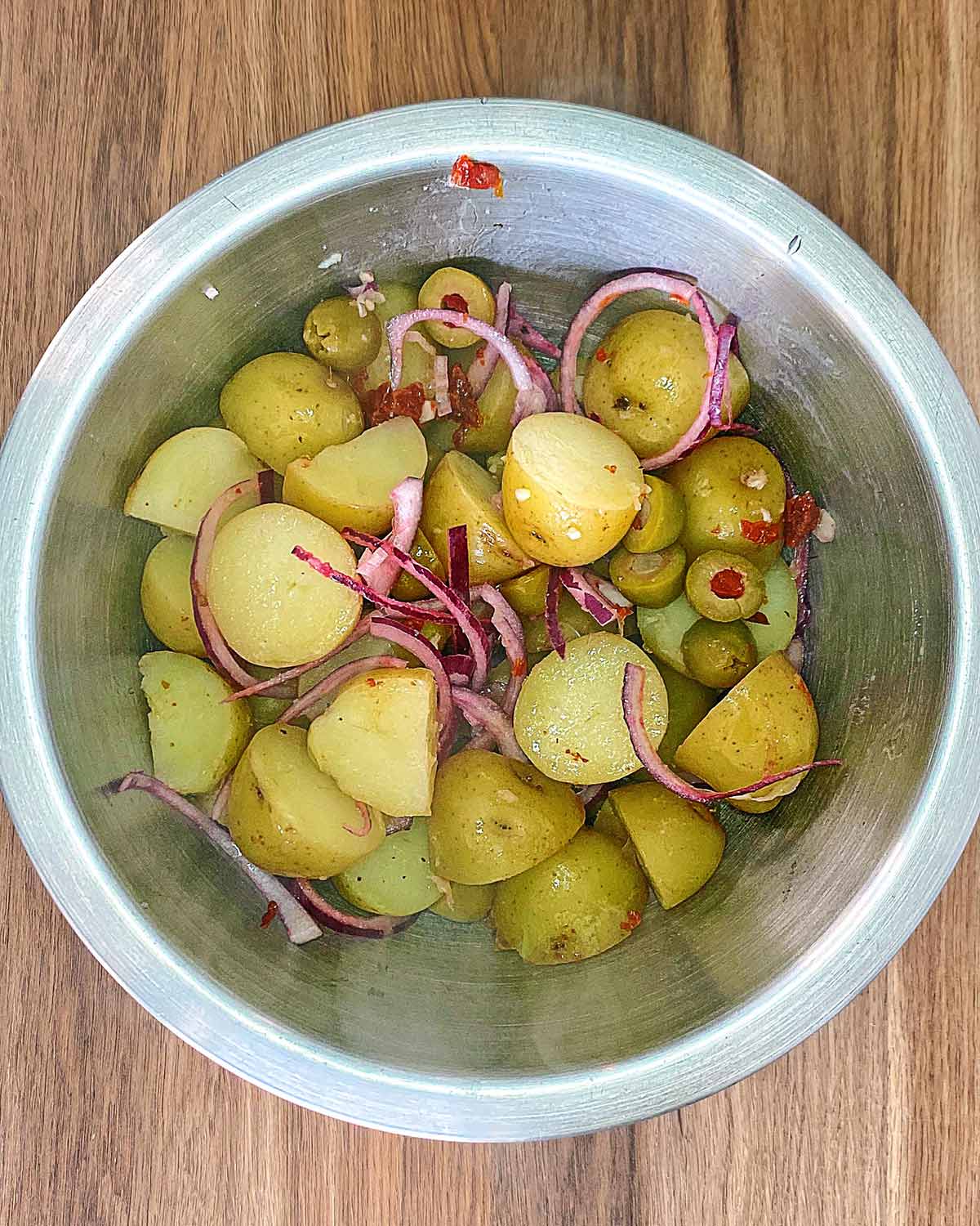 Everything mixed together in the bowl.