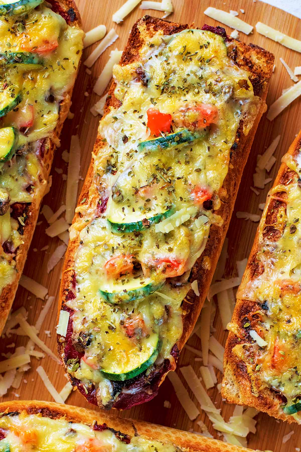Cooked French bread pizza.