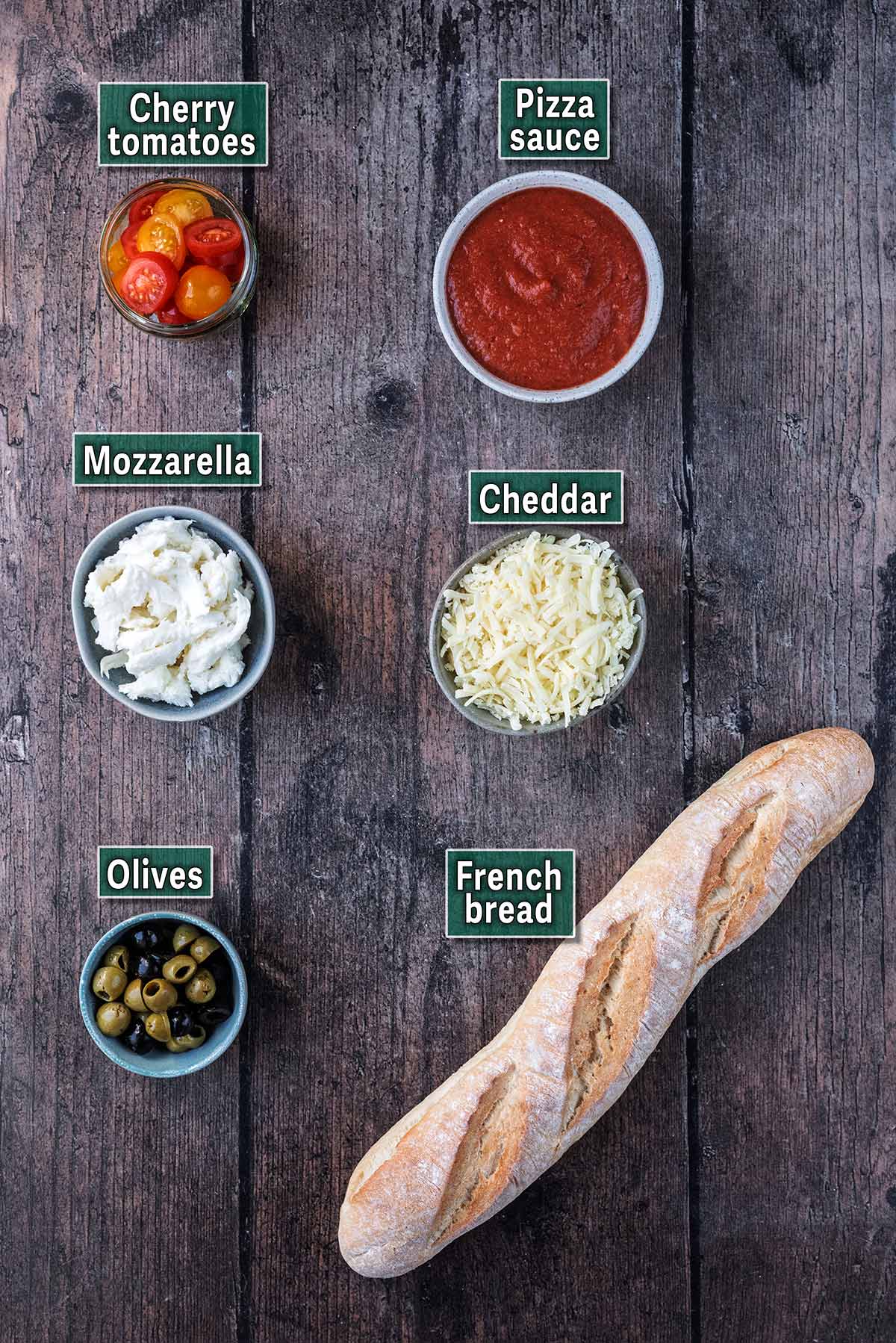 All the ingredients needed for this recipe with text overlay labels.