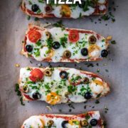 French bread pizza with a text overlay title.