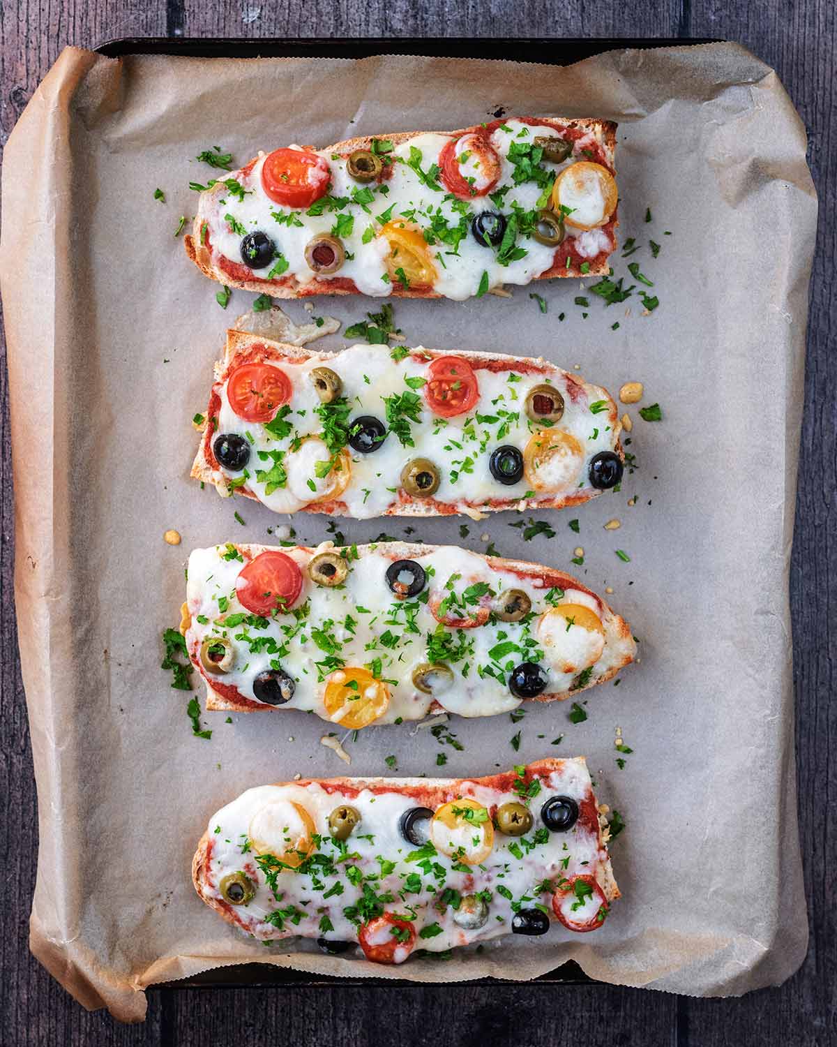Cooked French bread pizza.