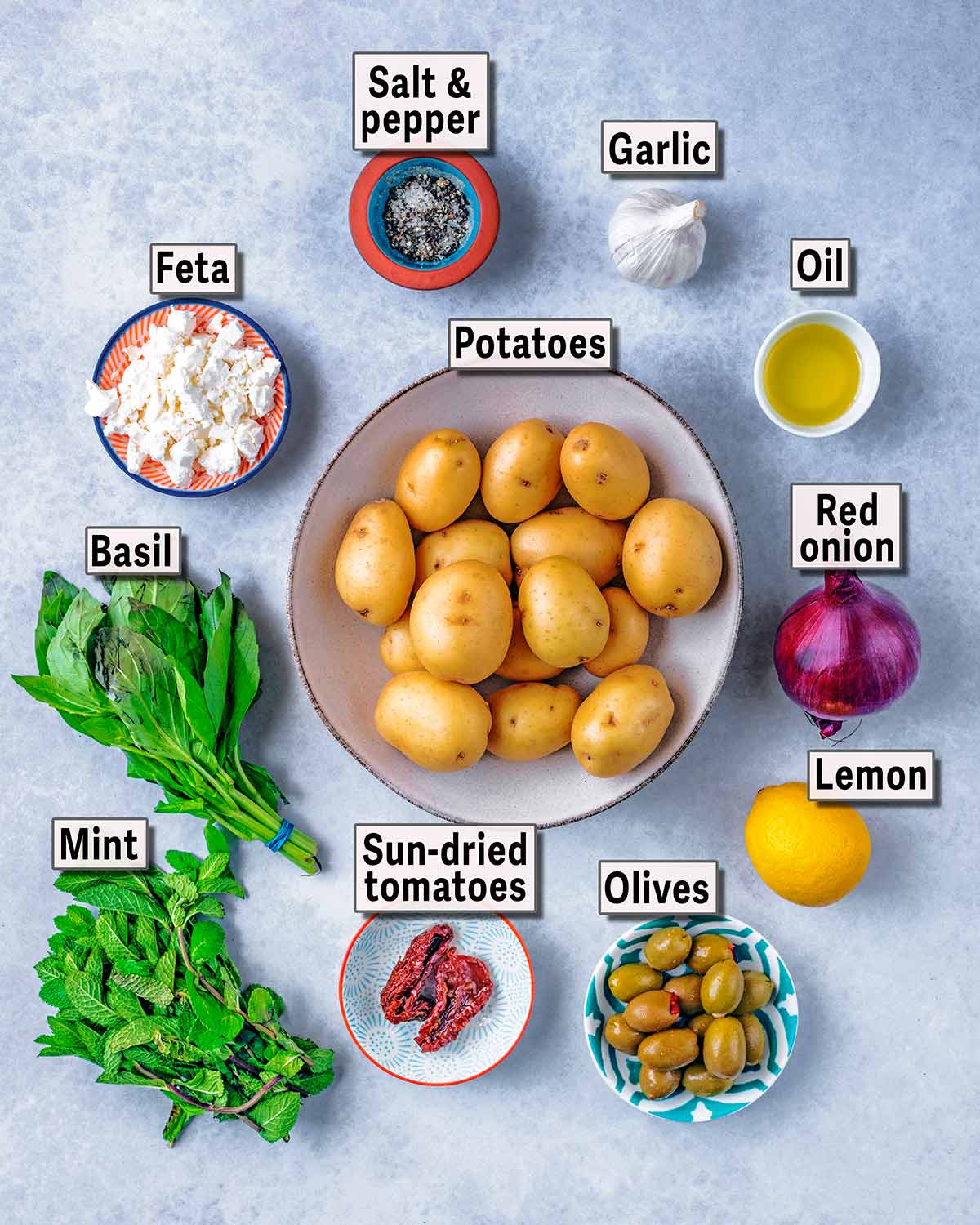 All the ingredients needed for this recipe with text overlay labels.