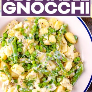 Spring vegetable gnocchi with a text title overlay.